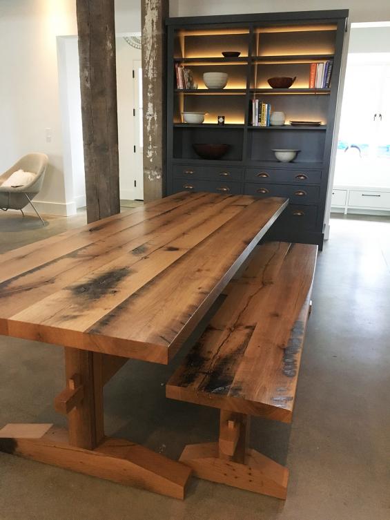 This table and bench were custom crafted from Settlers' Plank White Oak reclaimed wood 