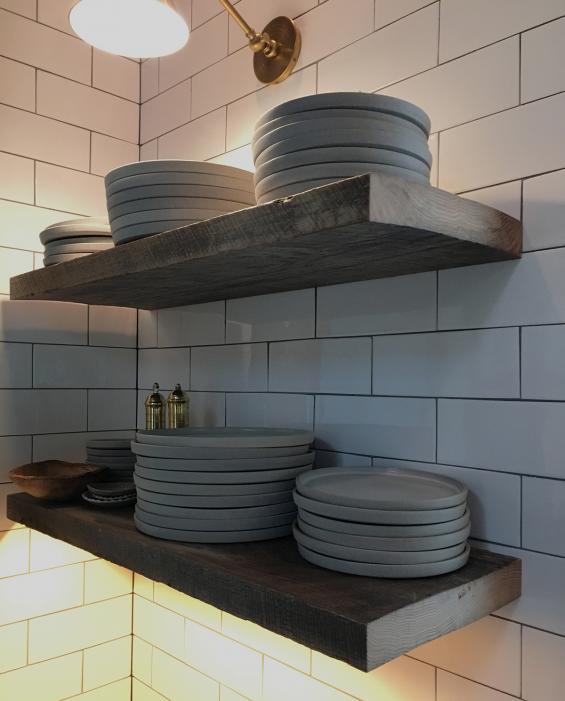 Settlers' Plank Mixed Oak reclaimed wood was custom fabricated into kitchen shelving 