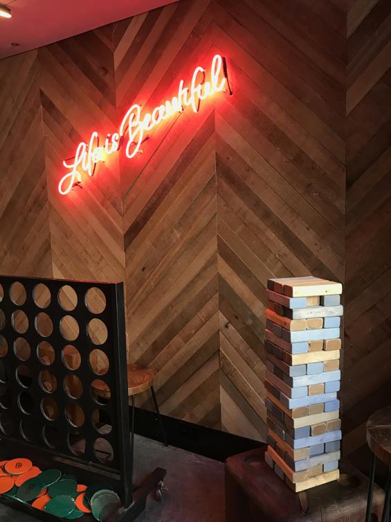 FSC-certified Western Red Cedar wall panelling arranged in a playful chevron pattern.