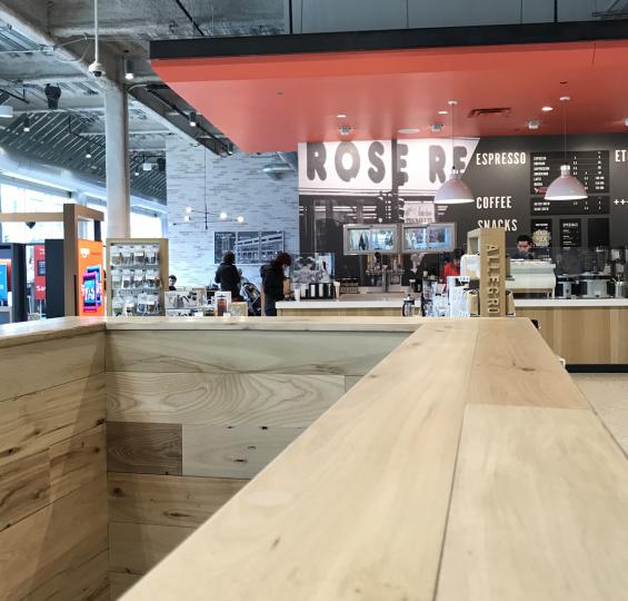 American Gothic Mixed Hardwoods reclaimed wall paneling at Allegro Coffee Roasters in Chicago, IL.