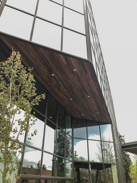 Reclaimed Indonesian Teak Bright ceiling paneling on the exterior overhang of a Federal Way, WA office building