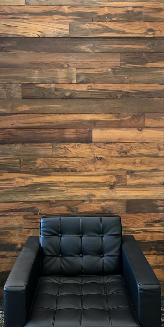 Reclaimed Indonesian Teak Bright wall paneling in an office in Federal Way, WA