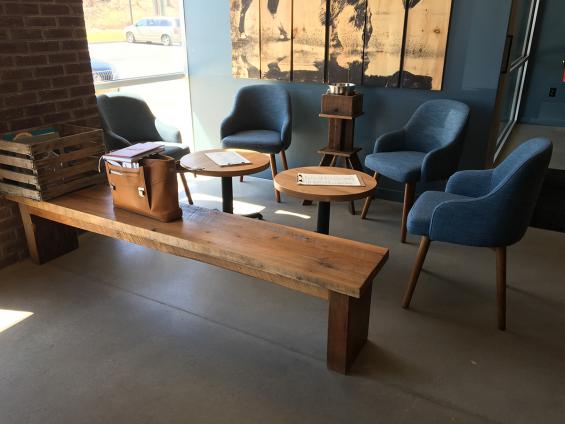 Pioneer Millworks Reclaimed Wood for a bench at Kindred Fare in Geneva, NY