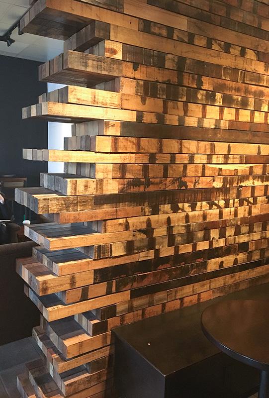 Pioneer Millworks Reclaimed Tropical Hardwoods Tradewinds Patina Art Wall in Starbucks Portland, OR