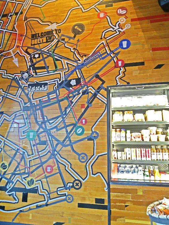 Reclaimed Gym Flooring Wall with Graphics at Starbucks Barclay, NYC