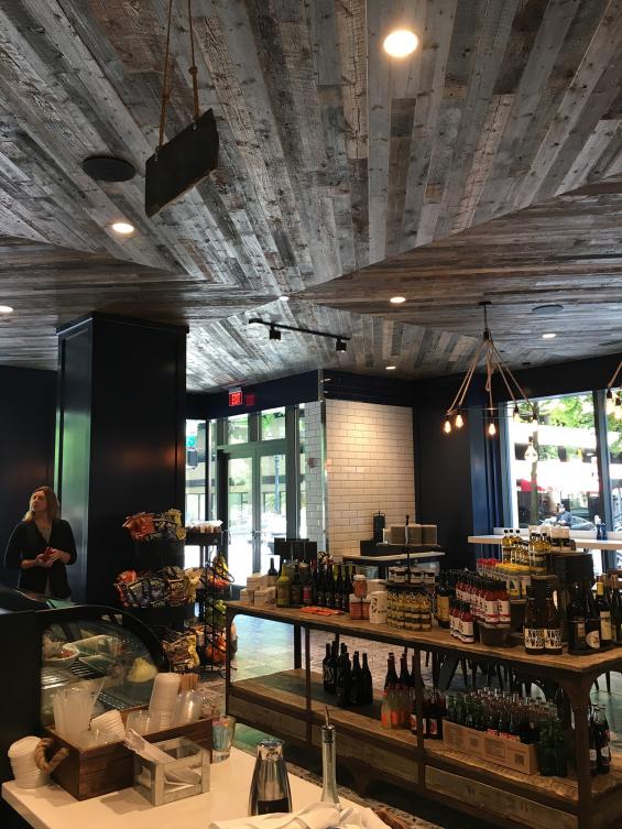 Custom mix of American Prairie Weathered Grey and American Prairie Brown Board reclaimed ceiling paneling 