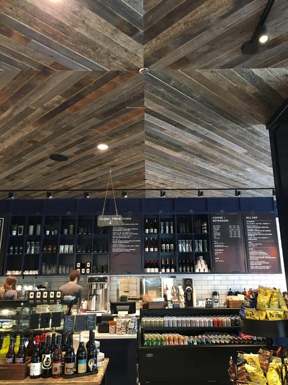 Custom mix of American Prairie Weathered Grey and American Prairie Brown Board reclaimed ceiling paneling 