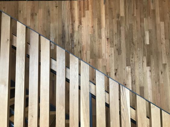 American Gothic Mixed oak reclaimed wood wall paneling in Shake Shake restaurant in Washington, DC. 