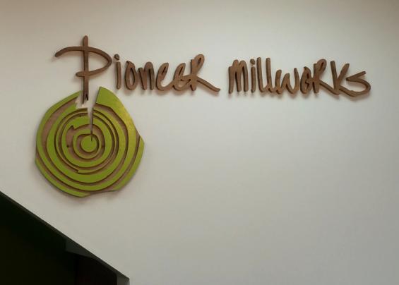 Individual letters were custom milled on the CNC to create a 3D logo for the Pioneer Millworks Portland, OR office.