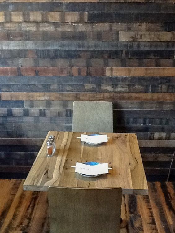 Reclaimed Hickory Table Top, Settler's Plank Floor, and Tradewinds Patina paneling