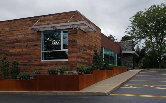 Shou Sugi Ban Shallow Char clads the outside of this office building in Pittsford, NY.