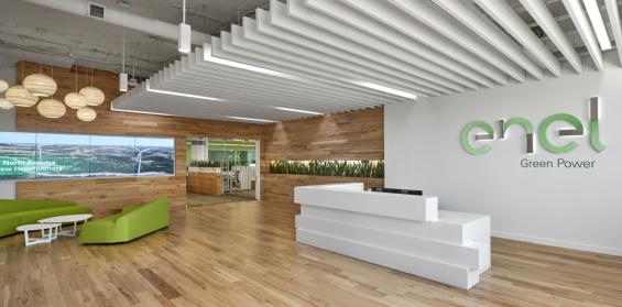 American Gothic Hickory flooring and paneling in the lobby area of Enel Green Power in Boston, MA. Photo by: Robert Benson Photography.