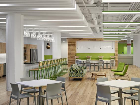 American Gothic Hickory flows throughout the break room/common area of this Boston office. Photo by Robert Benson Photography.