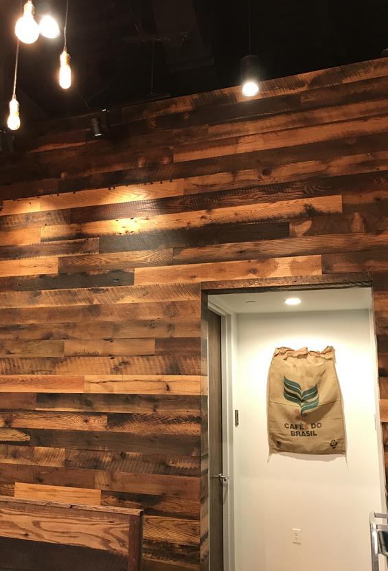 Settlers' Plank Oak reclaimed wood on the walls of Pressed Cafe in Burlington, MA.