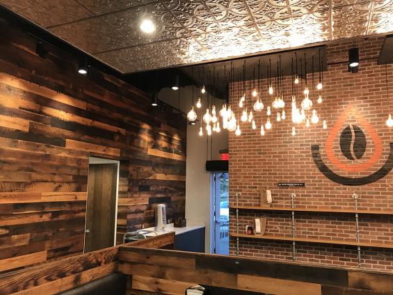 Settlers' Plank Oak reclaimed wood on the walls of Pressed Cafe in Burlington, MA.