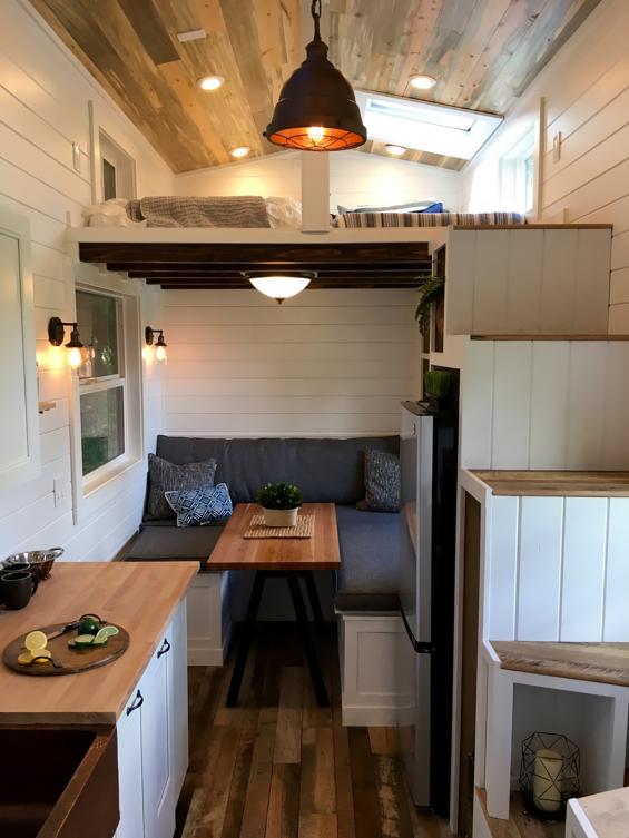 Pioneer Millworks Settlers Plank Mixed Hardwoods reclaimed wood flooring in a tiny home in Portland, OR