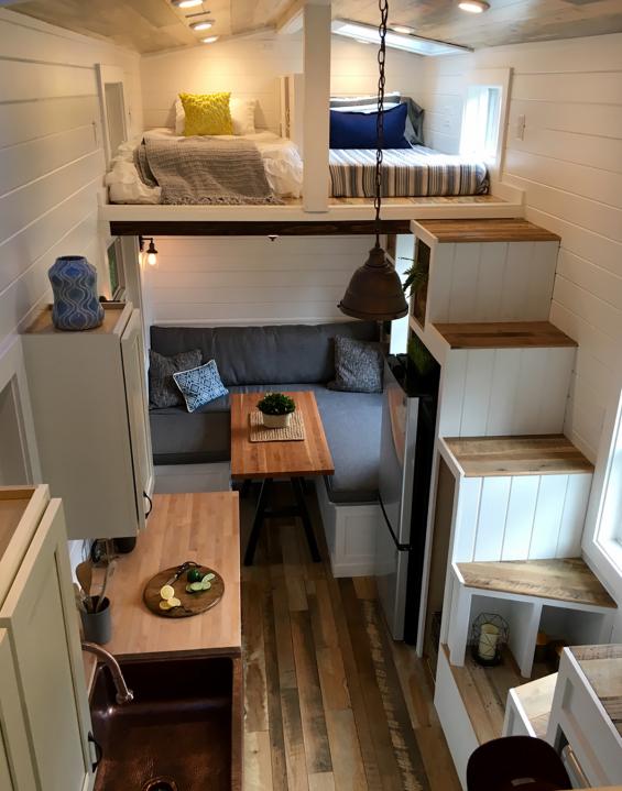 Pioneer Millworks Settlers Plank Mixed Hardwoods reclaimed wood flooring in a tiny home in Portland, OR