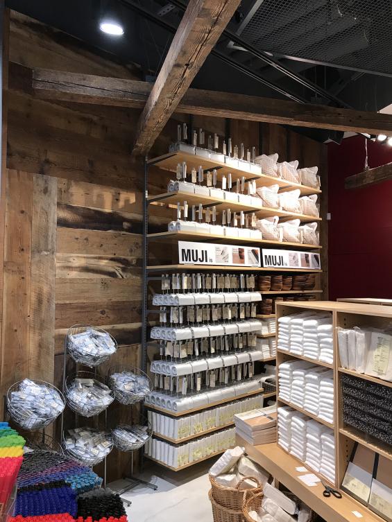 Pioneer Millworks Reclaimed Timbers and American Prairie Brownboard Paneling in Muji, Hudson Yards NYC