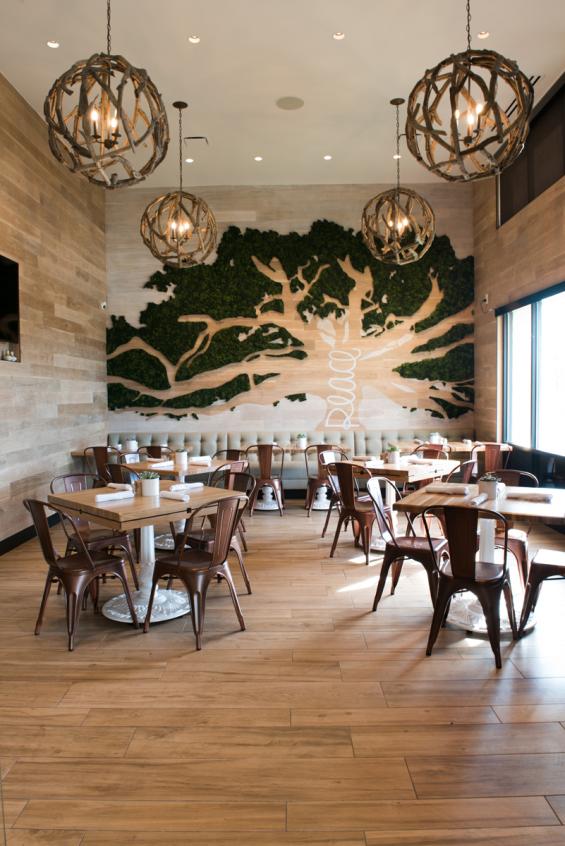 Pioneer Millworks Modern Farmhouse Clean White Oak paneling in True Foods Kitchen, Jacksonville, Florida