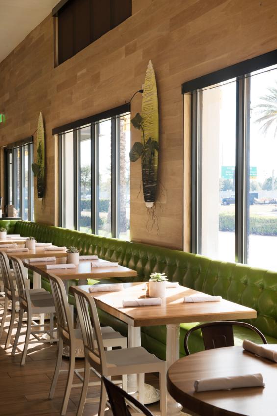 Pioneer Millworks Modern Farmhouse Clean White Oak paneling in True Foods Kitchen, Jacksonville, Florida