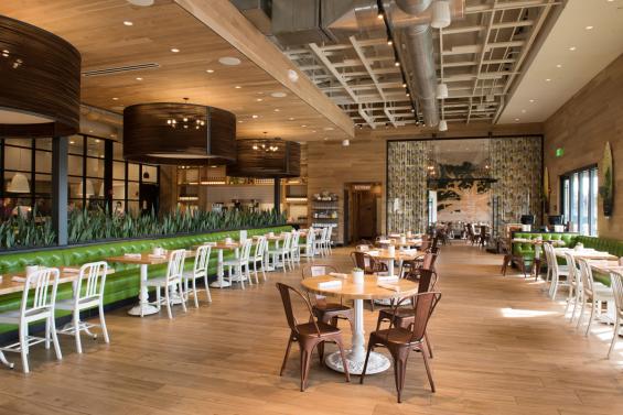Pioneer Millworks Modern Farmhouse Clean White Oak paneling in True Foods Kitchen, Jacksonville, Florida