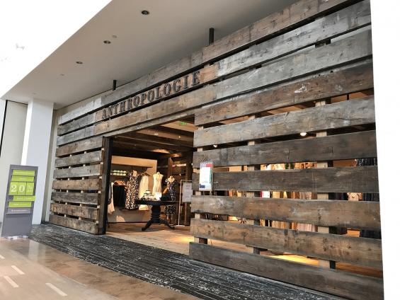 Pioneer Millwork reclaimed As-Found Industrial Timbers in Anthropologie, Natick, MA.