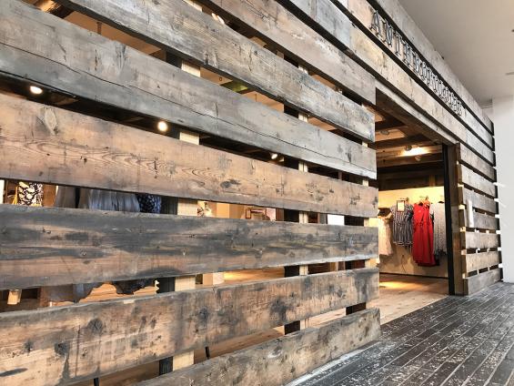 Pioneer Millwork reclaimed As-Found Industrial Timbers in Anthropologie, Natick, MA.