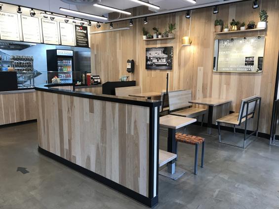 Pioneer Millworks Modern Farmhouse Hickory with a custom finish on walls in Dos Toros, Chicago—Hancock Building