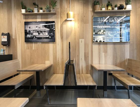 Pioneer Millworks Modern Farmhouse Hickory with a custom finish on walls in Dos Toros, Chicago—Hancock Building