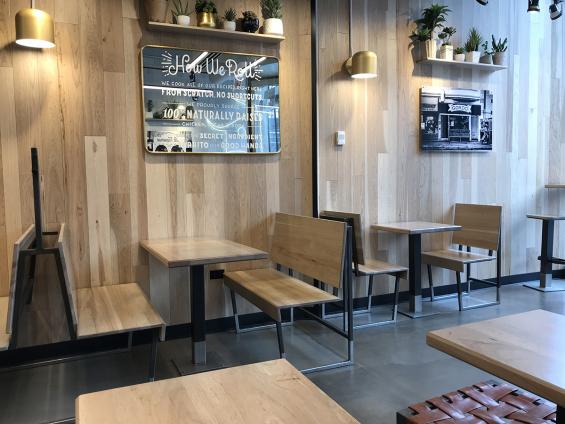 Pioneer Millworks Modern Farmhouse Hickory with a custom finish on walls in Dos Toros, Chicago—Hancock Building