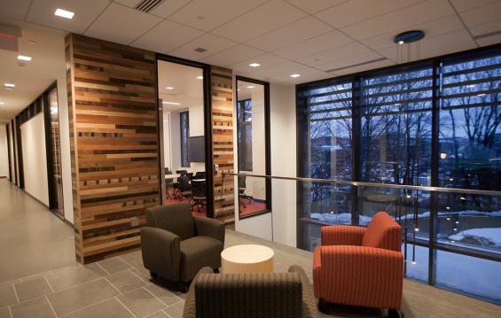 Pioneer Millworks Tradewinds Bright and Patina grades of reclaimed tropical hardwoods are combined for this paneling project in Easton, PA.