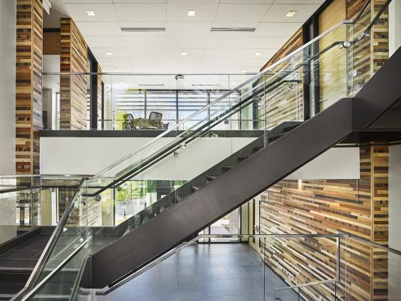 Pioneer Millworks Tradewinds Bright and Patina grades of reclaimed tropical hardwoods are combined for this paneling project in Easton, PA.