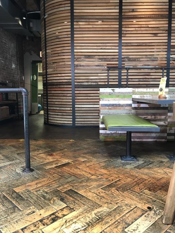 Pioneer Millworks Foundry Maple Flooring in a Herringbone Pattern.