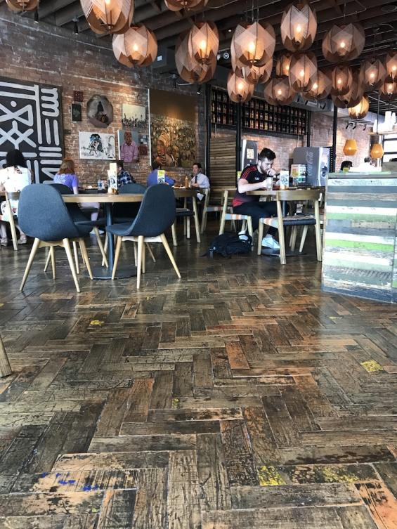 Pioneer Millworks Foundry Maple Flooring in a Herringbone Pattern.