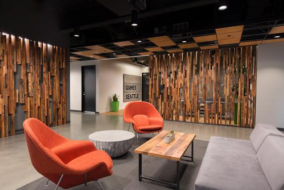 Inside this Bellevue office is a slat wall created from as found Douglas Fir joists with skip planed patina. (c) Clearly O'Farrell Photography.