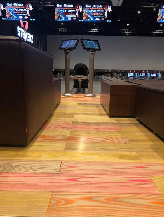 Pioneer Millworks Modern Farmhouse Ash with a custom finish in a west coast bowling alley.