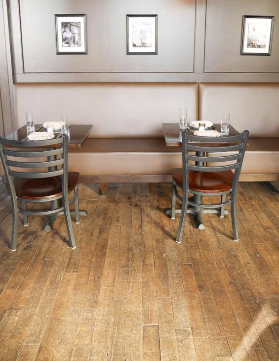 Pioneer Millworks reclaimed wood--Foundry Maple--Original--Reclaimed flooring in Rochester, NY restaurant