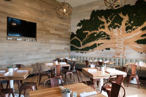 Pioneer Millworks Modern Farmhouse Clean White Oak paneling in True Foods Kitchen, Jacksonville, Florida