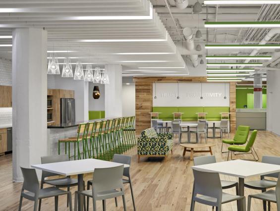 American Gothic Hickory flows throughout the break room/common area of this Boston office. Photo by Robert Benson Photography.