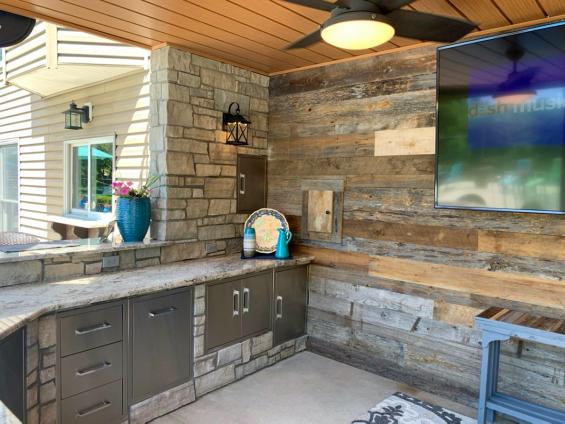 Pioneer Millworks reclaimed barnwood exterior siding, residential outdoor kitchen