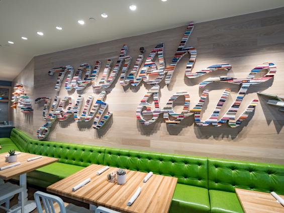 Pioneer Millworks Modern Farmhouse Clean White Oak wall paneling with a water based-poly finish––True Food Kitchen, Arlington, VA