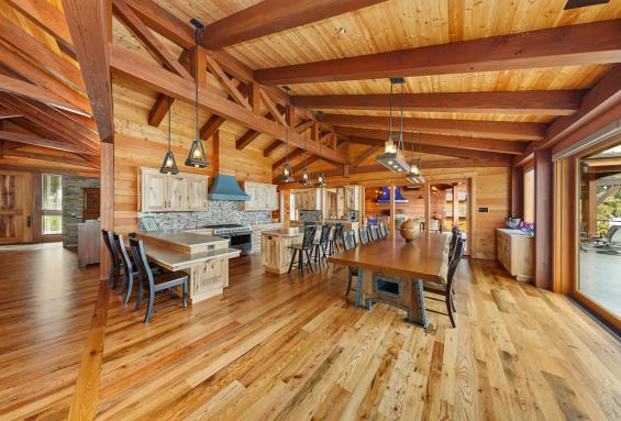 Pioneer Millworks reclaimed Black & Tan-–Tan Oak flooring & Standard Larch wall paneling.