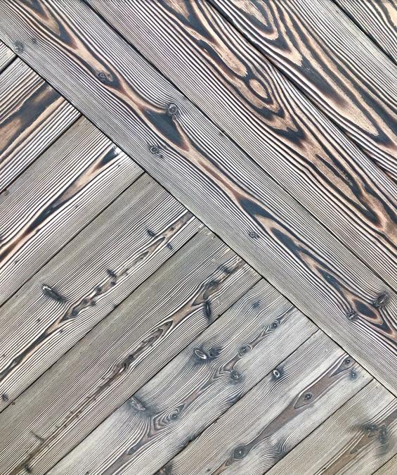 Pioneer Millworks Shou Sugi Ban Larch White on this counter wrap for The Cut, in Rochester, NY.