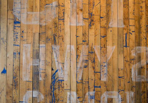 Pioneer Millworks reclaimed Foundry Maple Painted & Sanded in blue featured on this accent wall for MOD Pizza in Oregon City, OR.