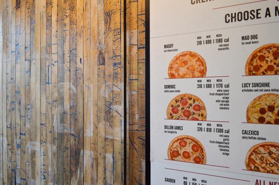 Pioneer Millworks reclaimed Foundry Maple Painted & Sanded in blue featured on this accent wall for MOD Pizza in Oregon City, OR.