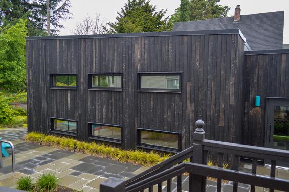 Larch Deep Char exterior siding on the Portland Playhouse Theater in Portland, OR