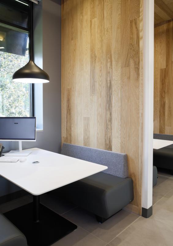 Modern Farmhouse Clean Ash, Raked in seating areas throughout a bank in Fayetteville, NY. Photography © Matt Whittmeyer