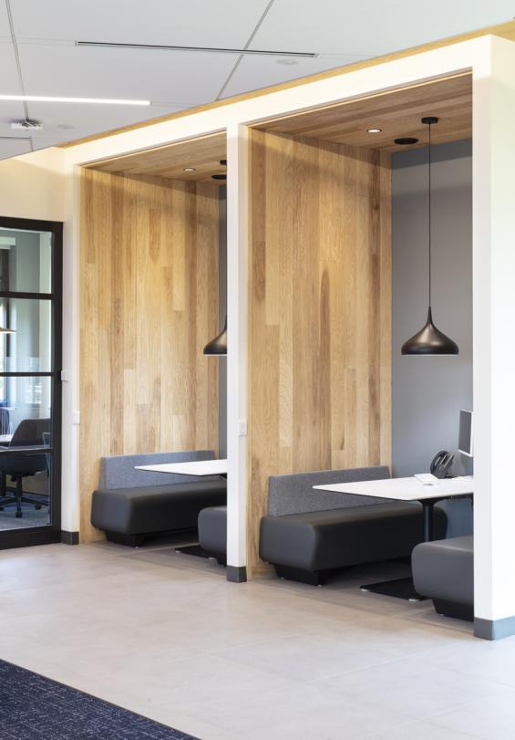 Modern Farmhouse Clean Ash, Raked in seating areas throughout a bank in Fayetteville, NY. Photography © Matt Whittmeyer