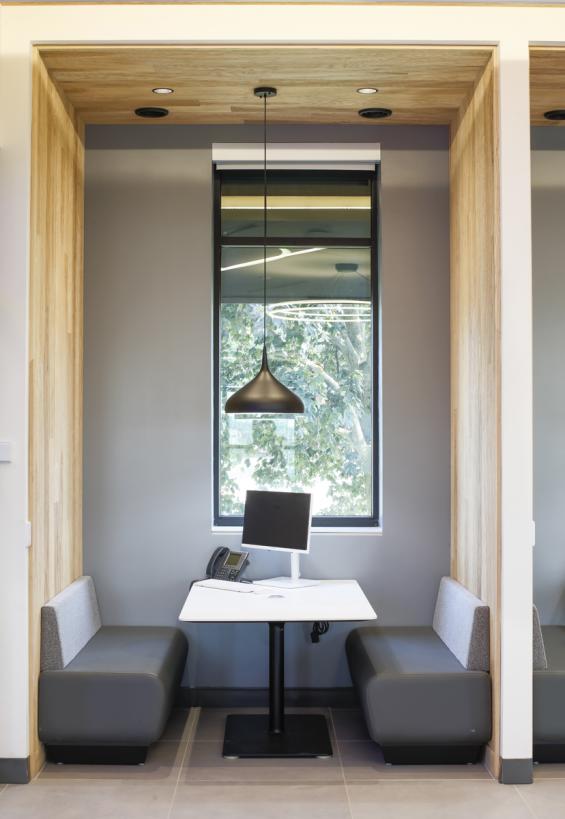 Modern Farmhouse Clean Ash, Raked in seating areas throughout a bank in Fayetteville, NY. Photography © Matt Whittmeyer