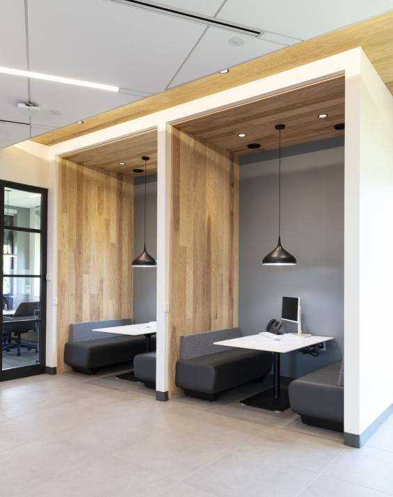 Modern Farmhouse Clean Ash, Raked in seating areas throughout a bank in Fayetteville, NY. Photography © Matt Whittmeyer